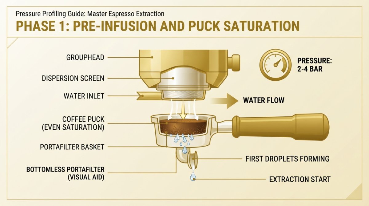 Close-up of espresso machine grouphead with water flowing through coffee puck during pre-infusion phase, showing even saturation and water droplets forming