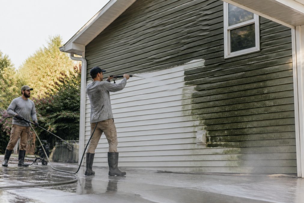 Professional pressure washing crew using commercial-grade equipment on residential home exterior, with visible water spray and dramatic contrast between cleaned and uncleaned siding sections