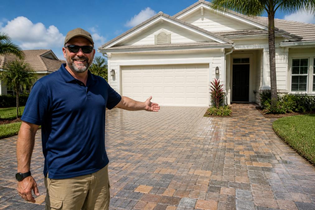Homeowner standing in front of freshly cleaned driveway and home exterior, pointing to clean paver stones and spotless siding with visible mold and mildew removed from surfaces