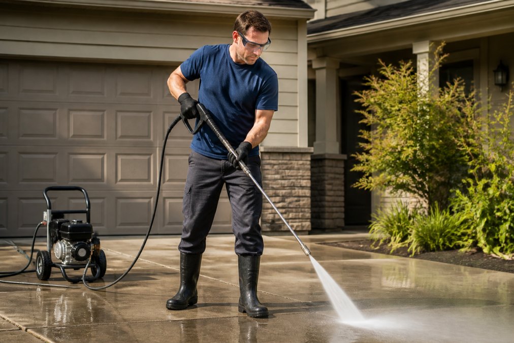 A homeowner wearing safety goggles, non-slip rubber boots, heavy-duty gloves, and long work trousers while holding a pressure washer wand on a sunlit residential driveway, with the machine visible on the ground beside them