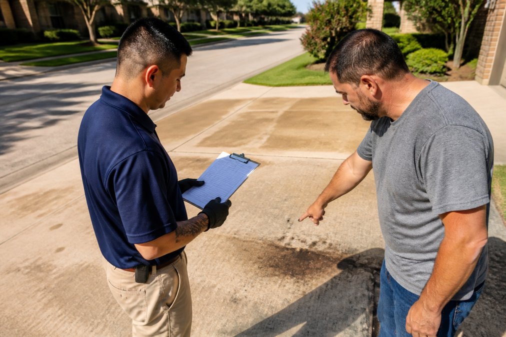 A professional pressure washing technician in a branded uniform inspecting a residential driveway with a clipboard while a homeowner points at a stubborn oil stain, sunny day in a suburban neighborhood