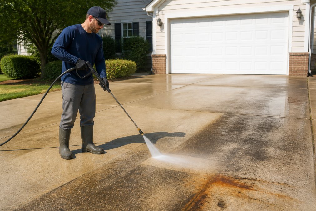 Professional pressure washer cleaning a residential driveway showing dark oil stains and rust marks being removed to reveal clean concrete surface, with technician in protective gear operating equipment in bright afternoon sunlight