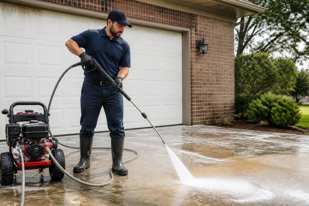 A professional cleaner in uniform operating a gas-powered pressure washer on a concrete driveway, visible water spray and suds in bright daylight