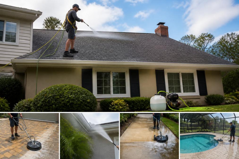 Technician using soft wash equipment on asphalt shingles for roof cleaning vs pressure washing services