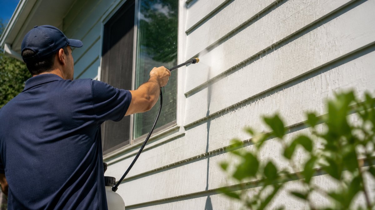 Professional cleaner applying soft washing solution to painted house siding with low-pressure equipment, water gently flowing down the wall surface in afternoon sunlight