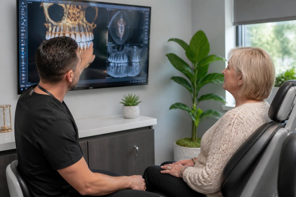 Board-certified implantologist in modern clinical setting reviewing 3D implant planning with patient in consultation chair, natural overhead lighting showing digital screen