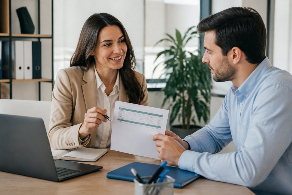 Una consulente finanziaria sorridente mostra una busta paga a un dipendente seduto alla scrivania di un ufficio moderno e luminoso, con computer portatile e documenti ordinati