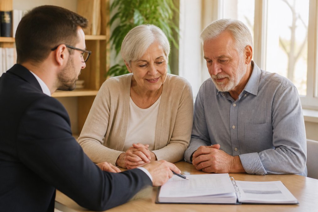 Un consulente finanziario che spiega i dettagli di un prestito a una coppia di pensionati seduti in un ufficio luminoso e accogliente, con documenti sul tavolo e luce naturale dalla finestra
