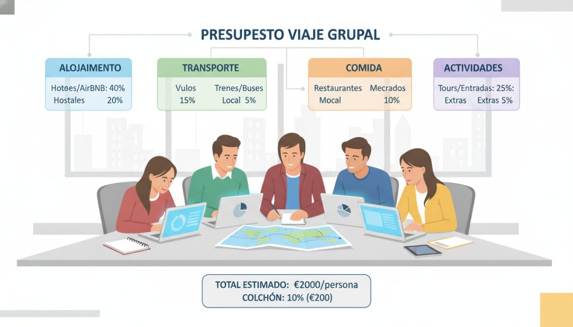 Presupuesto para viajes grupales internacionales: guía completa 3 Grupo de jóvenes viajeros reunidos alrededor de una mesa amplia con portátiles abiertos, mapas desplegados y libretas, planificando un viaje internacional en una sala luminosa con luz natural
