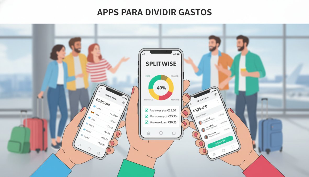 Presupuesto para viajes grupales internacionales: guía completa 4 Primer plano de varias manos sosteniendo smartphones con una aplicación de división de gastos visible en pantalla, con un grupo de amigos desenfocado al fondo en un aeropuerto iluminado con luz artificial cálida