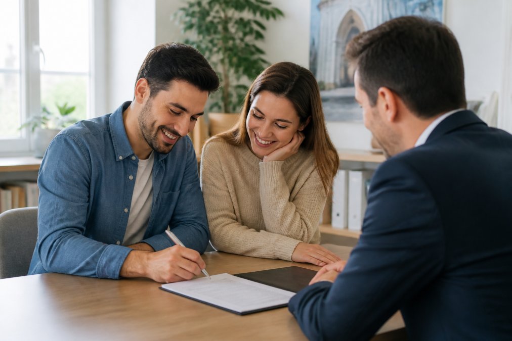 Jeune couple consultant un conseiller immobilier dans un bureau lumineux, en train de signer des documents de prêt avec un sourire confiant