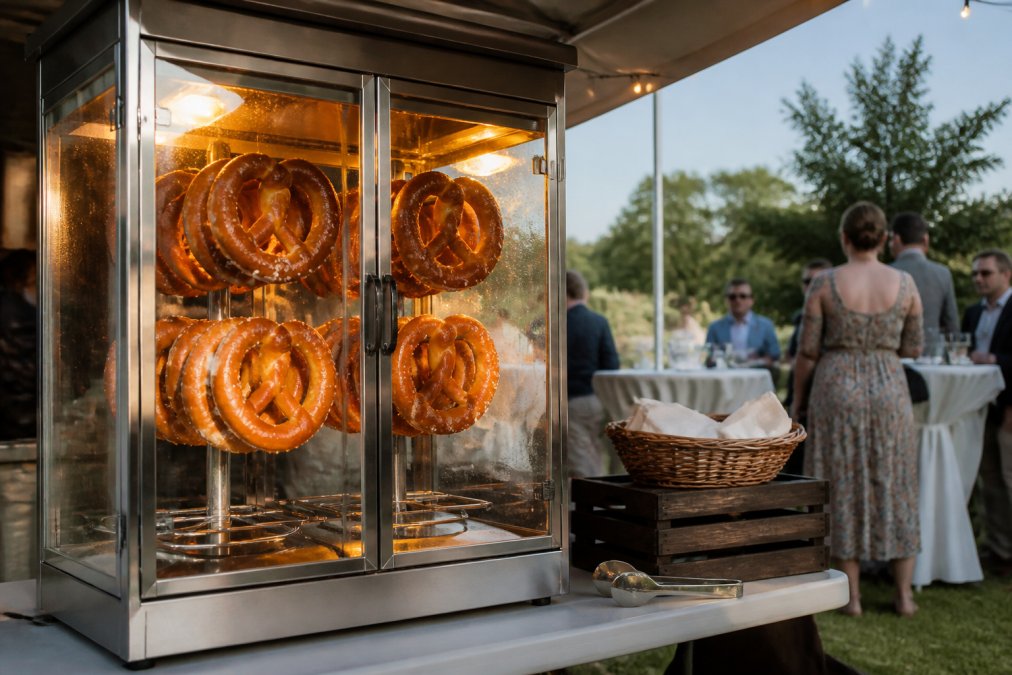Professional event setup showing a pretzel warmer display unit with soft pretzels visible through glass doors, rotating rack illuminated by warm interior lighting, stationed at an outdoor event venue with guests in background
