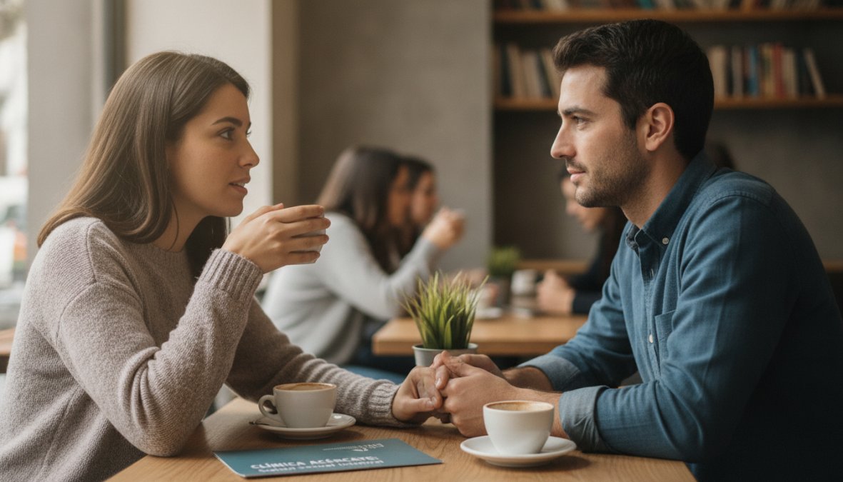 Pareja joven sentada en un sofá cómodo, conversando de manera tranquila y cercana, en un ambiente privado del hogar con luz natural suave