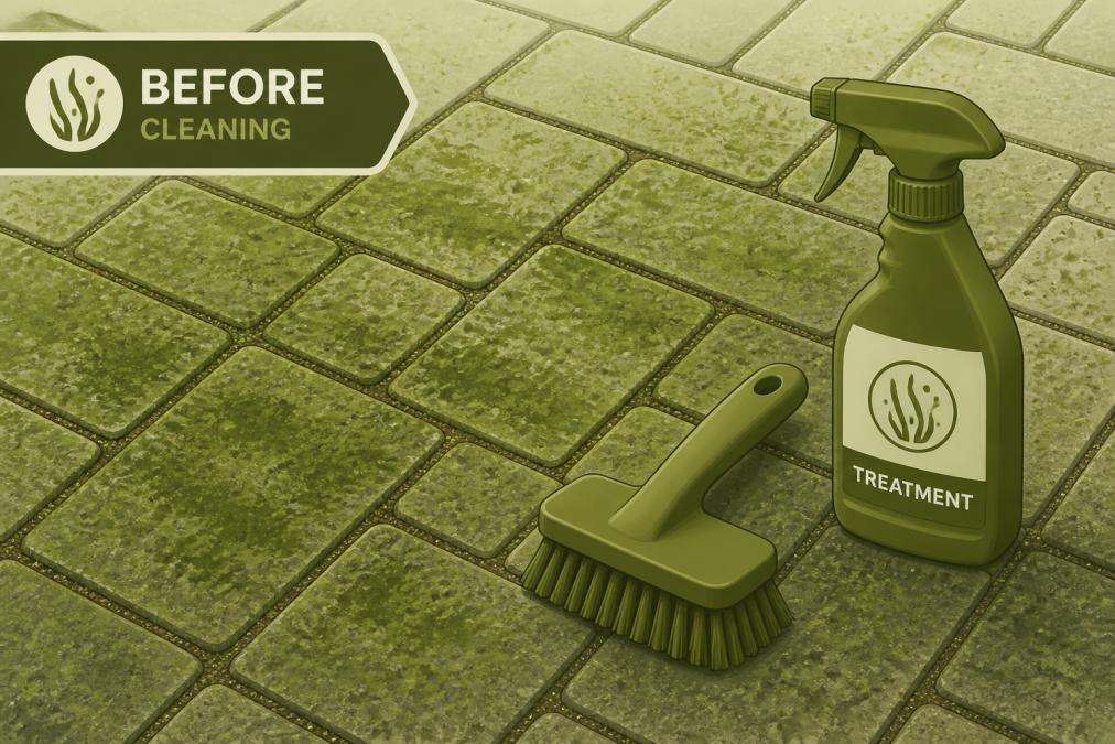 Close-up of green algae-covered block paving driveway with a cleaning brush and spray bottle of treatment solution resting on the surface, showing the before-cleaning state