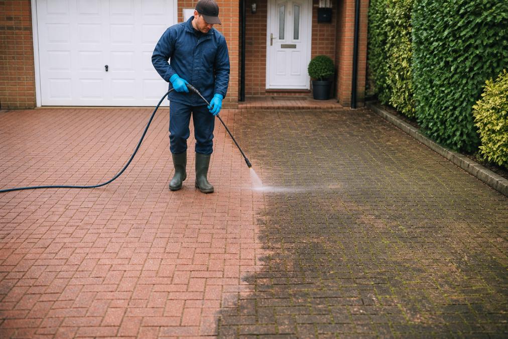 Professional exterior cleaner in protective workwear applying low-pressure treatment to a block paving driveway, with clean restored paving visible on one half and algae-covered paving on the other