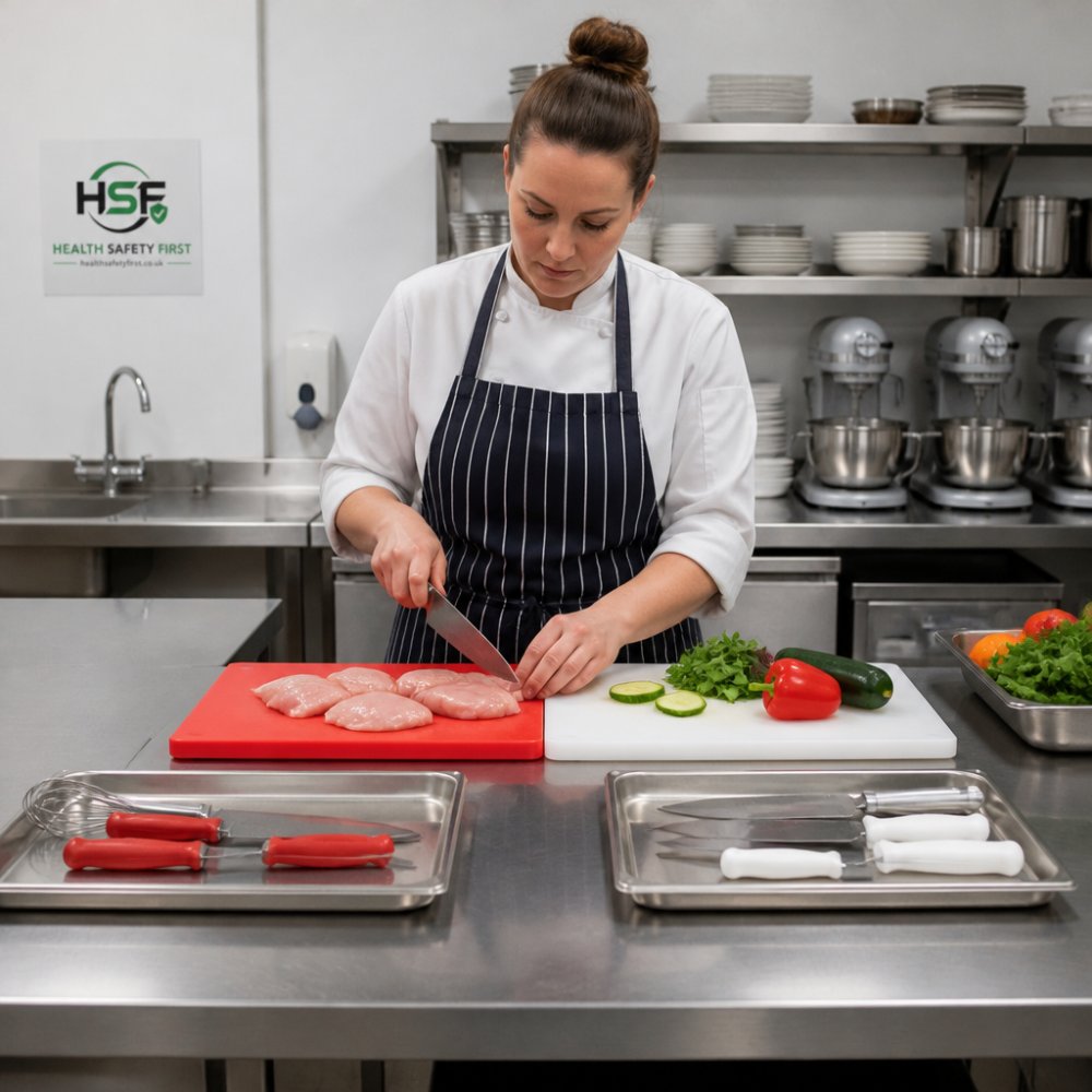 Professional kitchen staff member preparing food at a clean stainless steel counter with clearly labelled separate chopping boards, one red for allergen-containing ingredients, one white for allergen-free items, and dedicated utensils stored separately