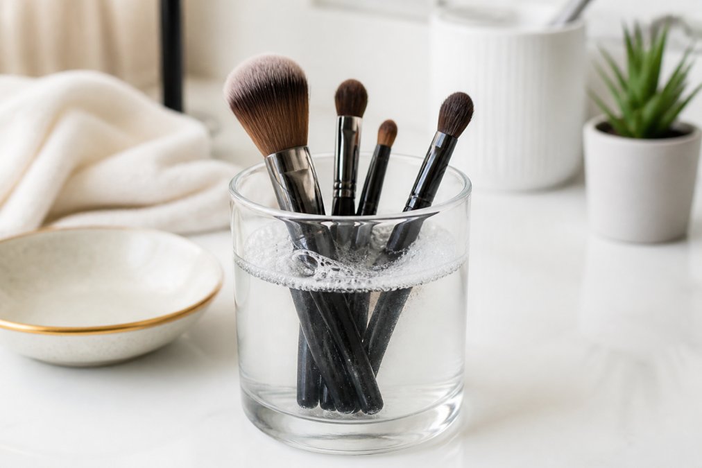 Makeup brushes soaking in a clear glass of warm water with gentle cleanser, showing proper sanitization setup on a clean white surface