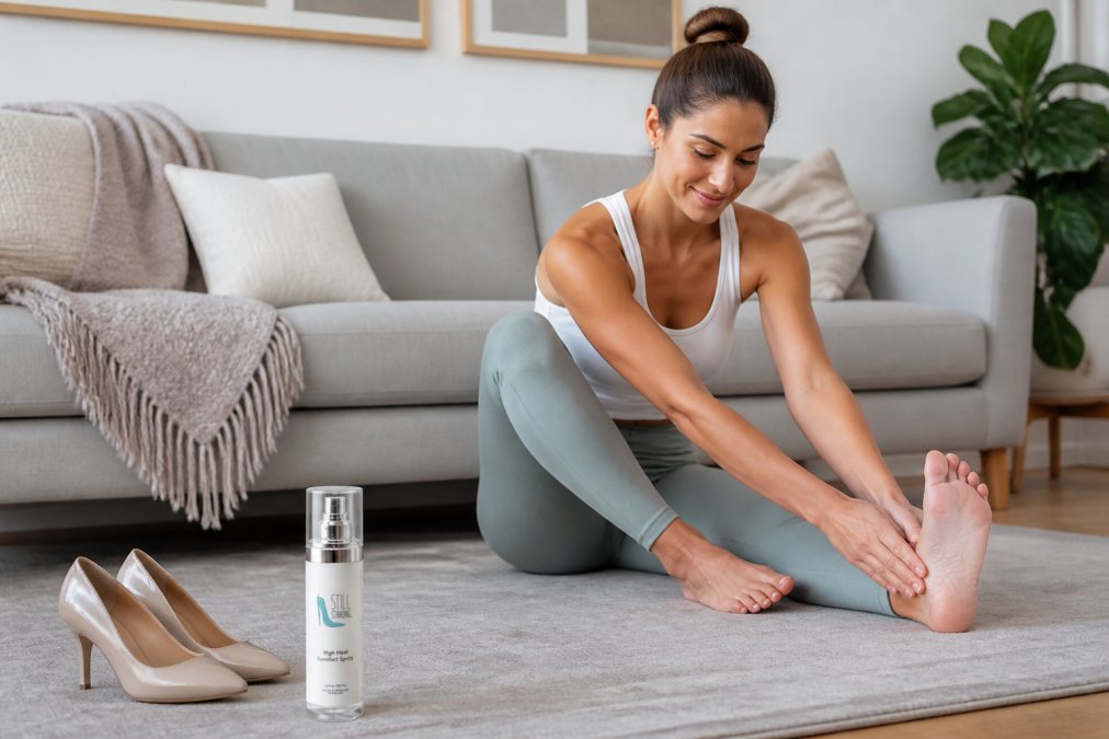 Woman performing a seated foot stretching exercise at home, one foot extended with proper form, demonstrating comfort and control