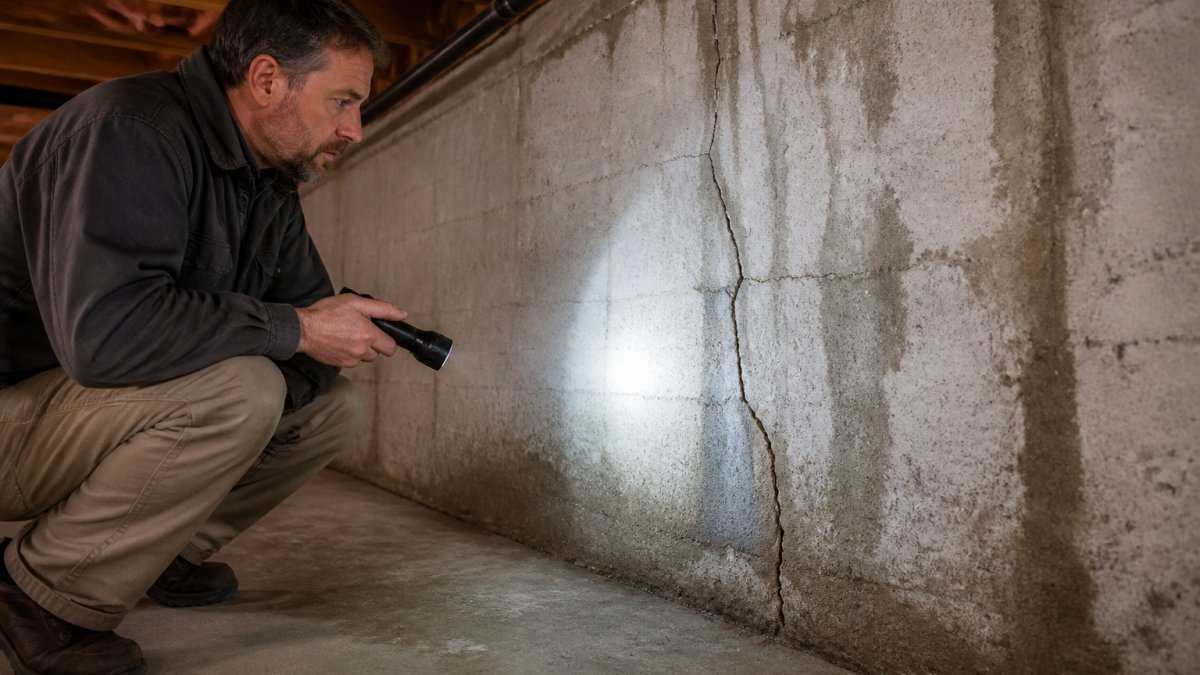 Close-up of a homeowner using a flashlight to inspect foundation cracks and water stains on a basement wall during a thorough inspection