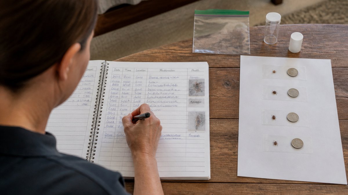 Homeowner recording bed bug sightings in a log with dates, room locations, and photos of specimens next to a coin for scale