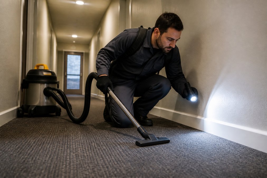 Maintenance worker vacuuming condo hallways and inspecting baseboards