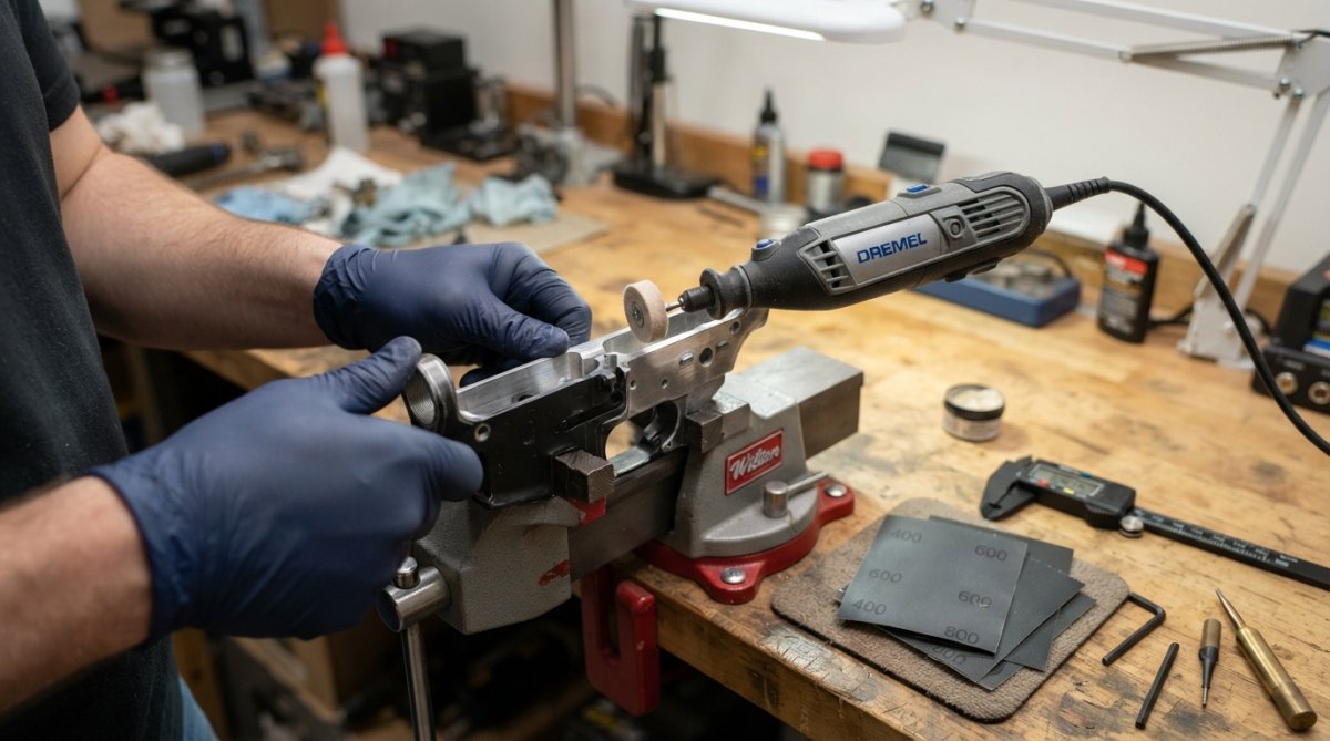 Close-up of a person's hands using a Dremel rotary tool with a felt polishing wheel on the upper receiver shelf area of a stripped aluminum lower receiver clamped in a gunsmithing vise, with calipers and sheets of wet/dry sandpaper visible on the workbench under bright task lighting