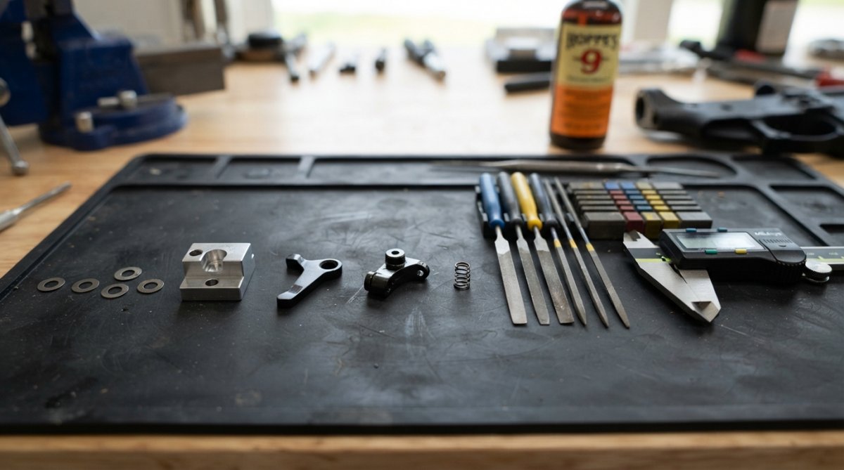 Macro photograph of a super safety kit's individual components laid out in order on a black rubber gunsmithing mat under bright overhead lighting: shims, centering block, lever, cam, and detent spring arranged left to right next to a set of precision needle files and a digital caliper