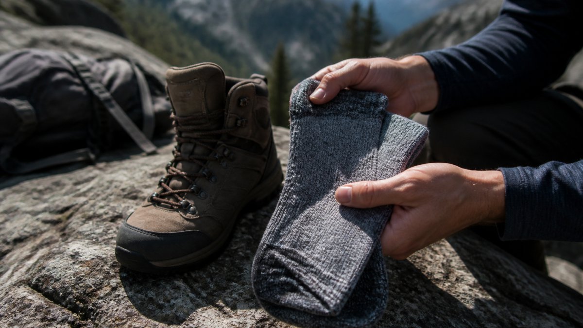 Hiker holding moisture-wicking wool socks next to a hiking boot on a rocky mountain trail under sunlight