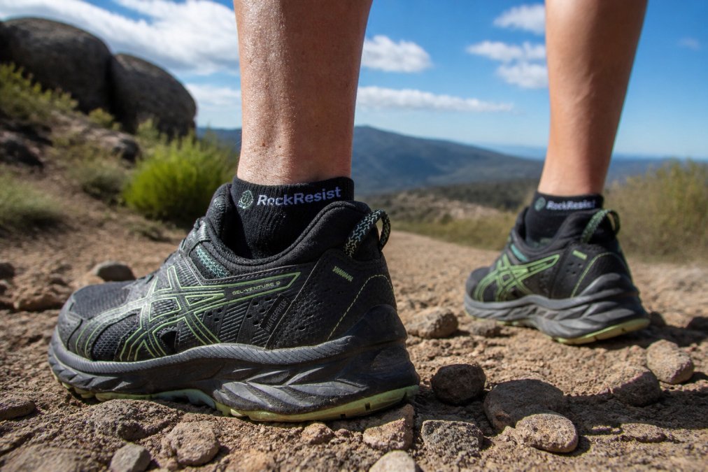 Trail runner's feet in proper-fitting trail running shoes with moisture-wicking socks, standing on rocky terrain ready to start a run