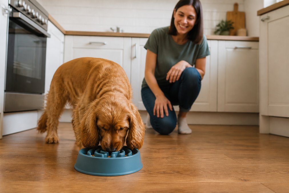 A medium-sized dog eating from a maze-style slow feeder bowl on a kitchen floor, with the owner watching warmly in the background