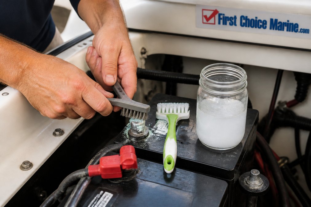 Person using a wire brush to clean corrosion from a marine battery terminal in a boat engine compartment