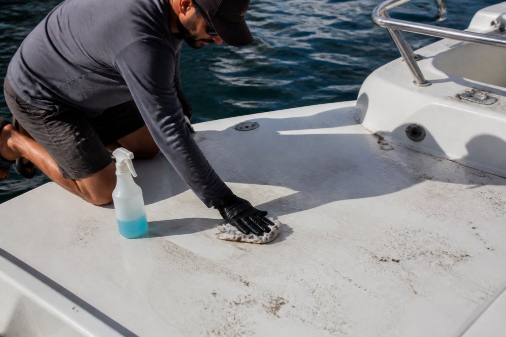 Professional worker using cloth and degreaser to clean boat deck substrate, showing detailed surface preparation with visible moisture and cleaning residue under natural outdoor lighting