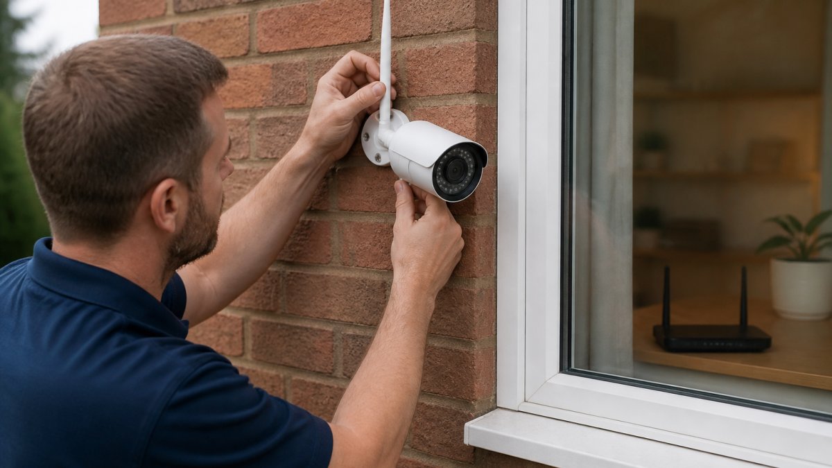 Professional technician positioning a CCTV camera on an exterior brick wall with clear line of sight to a router visible through an indoor window, adjusting antenna orientation for optimal signal reception
