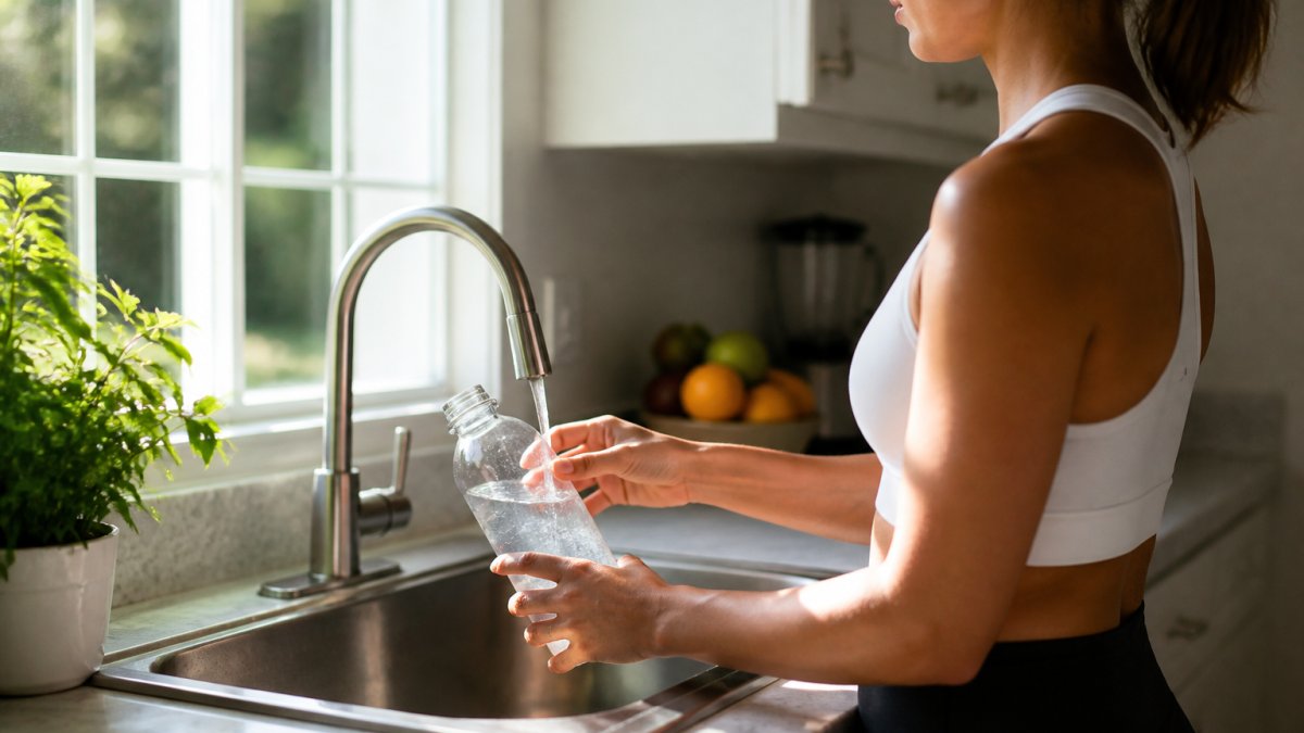 Person refilling a water bottle at a kitchen sink with natural sunlight streaming through the window, showing hydration routine