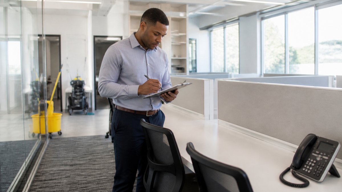 Facility manager in business casual attire conducting detailed inspection of office workspace, checking surfaces with clipboard, natural office lighting through windows