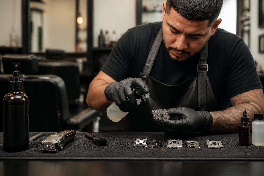 Barber cleaning and lubricating clipper blades to prevent clipper overheating between client appointments.