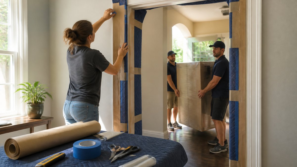 A homeowner taping protective padding and cardboard onto a door frame while a delivery crew carries a large boxed appliance through the doorway, warm afternoon light coming through a nearby window