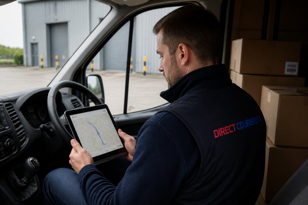 Courier driver reviewing a route on a tablet or GPS device in a delivery van, with a map visible on the screen and parcels loaded in the background