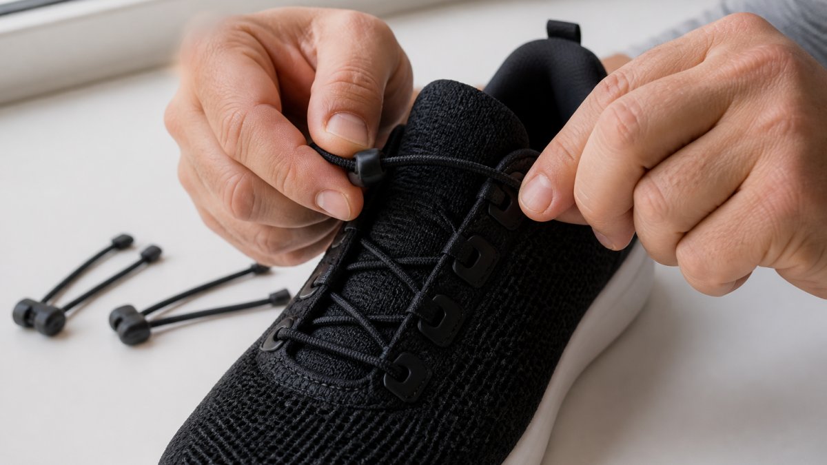 Close-up of hands installing elastic no-tie laces into a black sneaker, showing the simple push-and-pull installation method with the shoe sitting on a clean white surface and natural window lighting