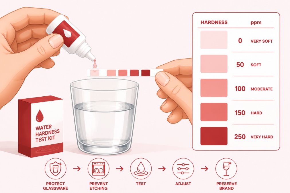 Close-up of hands holding a water hardness testing kit over a clear glass of tap water, with the colour-change indicator strip showing against a white background in natural daylight