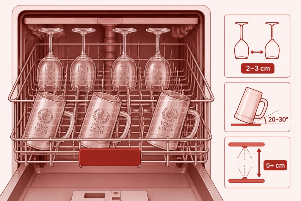 Interior view of an open dishwasher with custom-branded wine glasses and beer steins properly positioned on the top rack, showing correct spacing and angled placement with adequate water circulation space