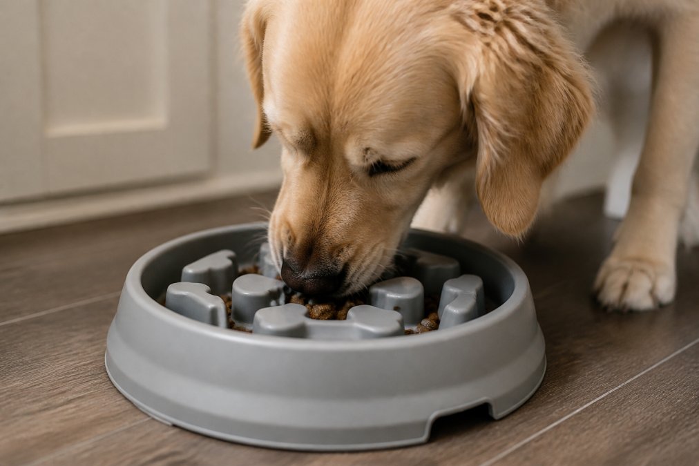 Close-up of a dog eating from a maze-style slow feeder bowl with ridged compartments, showing the dog's focused, deliberate eating pace with kibble visible in the textured compartments