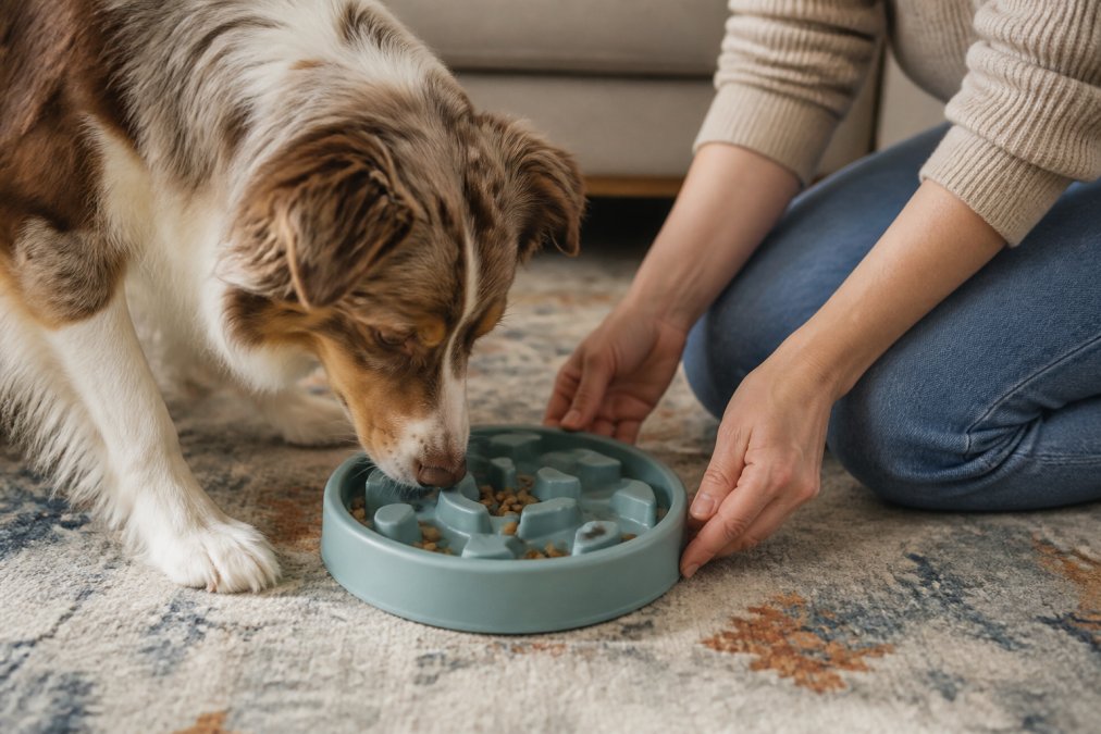 A dog owner's hands guiding a curious dog to explore an interactive puzzle toy filled with kibble, showing the dog's focused engagement and mental stimulation during the introduction process