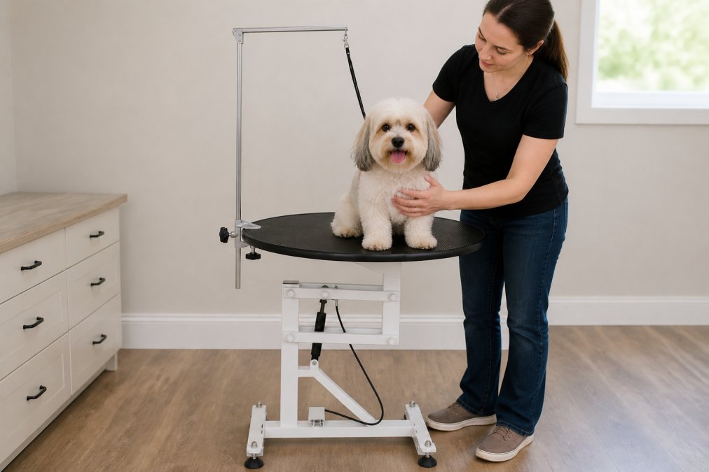 Pet owner gently restraining a calm dog on a non-slip grooming table with proper posture, one hand supporting the dog's chest and the other positioned safely, showing relaxed dog body language