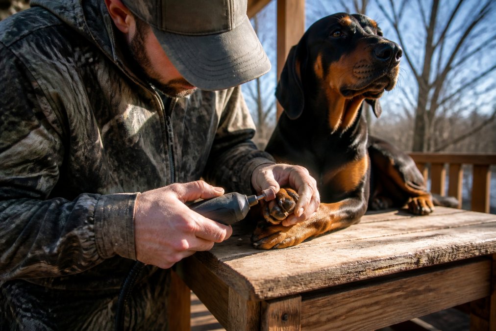 Hunter carefully trimming a hunting dog's toenail with a rotary grinder, the dog's paw secured on a stable wooden surface with natural sunlight illuminating the work area