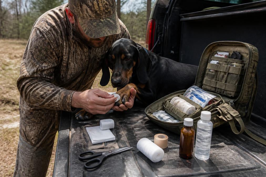 Hunter in camouflage carefully examining and treating a dog's injured paw pad using supplies from a first aid kit, with medical equipment visible on a tailgate in natural outdoor lighting