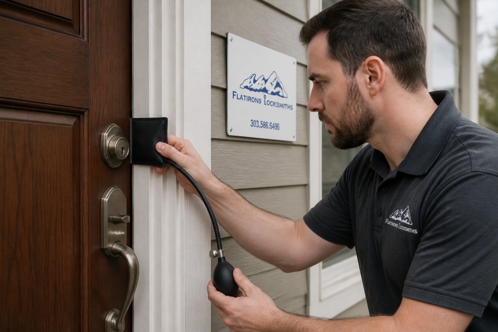 Locksmith using an inflatable wedge to prevent door damage lockout during a residential entry procedure.