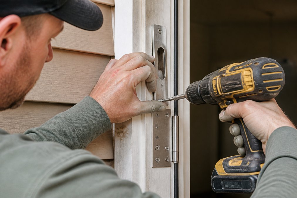 Close-up of a homeowner's hands installing reinforced strike plate and hinge shields on an exterior door frame