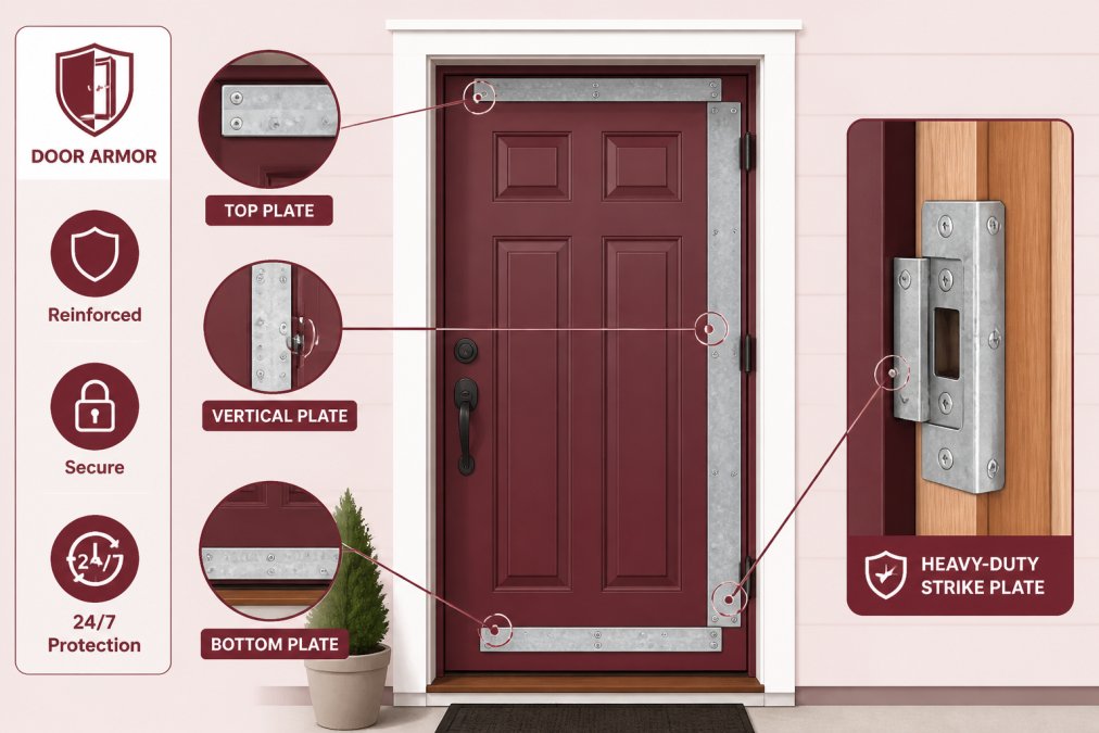 Completed door reinforcement system installed on an exterior door