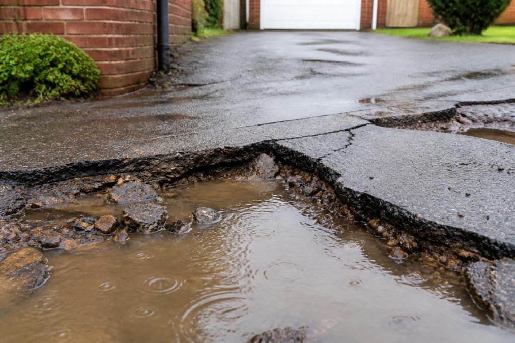 Close-up of a cracked, uneven driveway surface with visible subsidence and water pooling on clay soil during wet weather